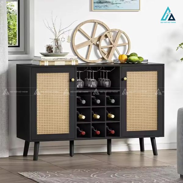 Tủ rượu thấp tích hợp kệ treo ly và cánh mây đan phong cách 1