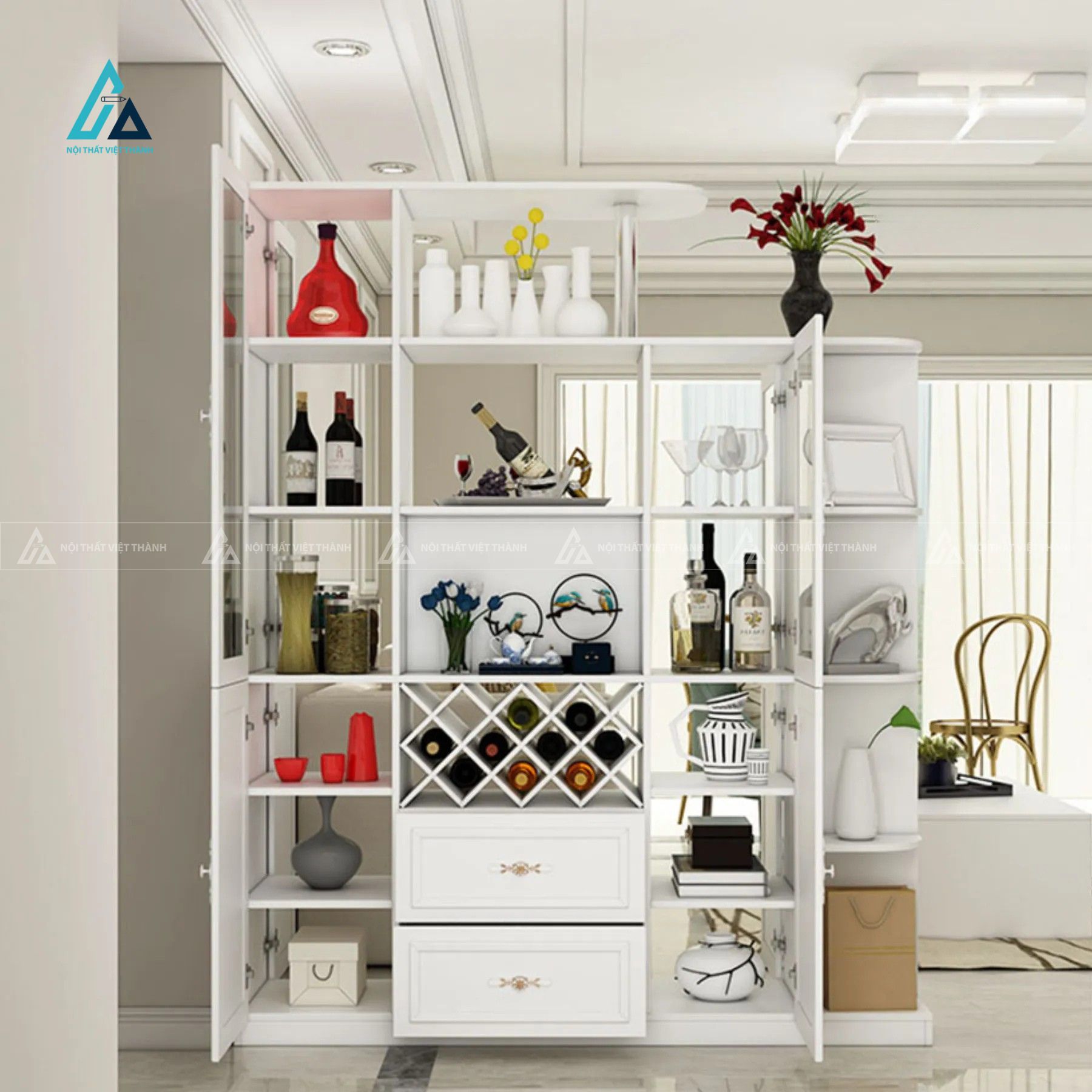 Tủ rượu đa năng tích hợp kệ trang trí tạo vách ngăn phòng khách đẹp