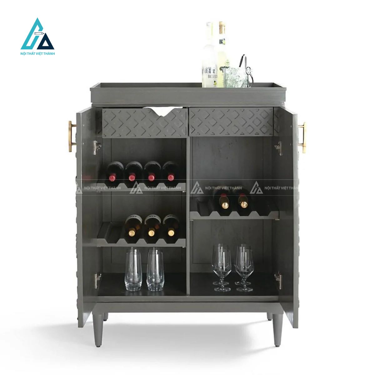 Tủ đựng rượu chạm khắc hoa văn nổi tích hợp khay sóng xếp chai 1