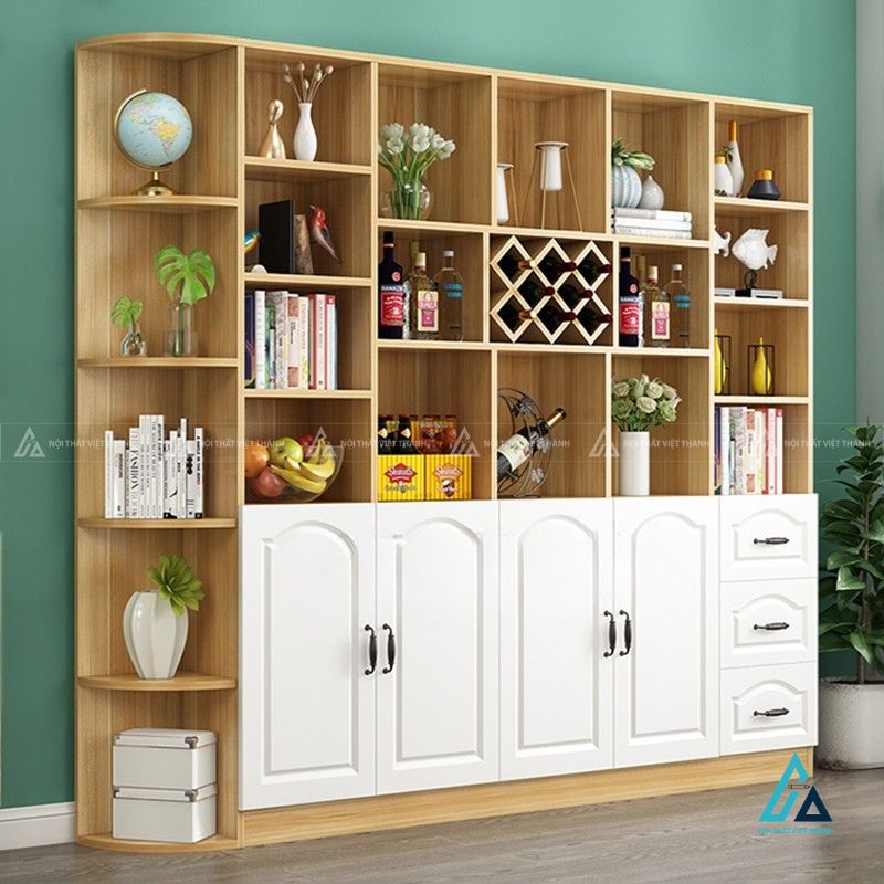 Kệ trưng bày đa năng có ô trám xéo và hệ cánh cửa pano phào nổi