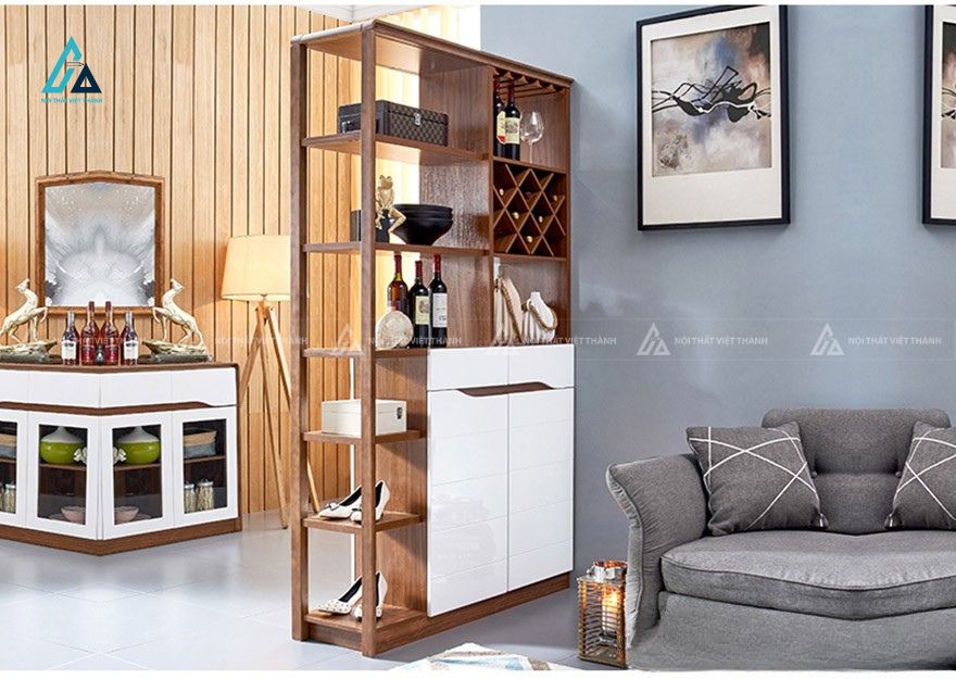 Tủ rượu phòng khách họa tiết cánh ghép chéo tích hợp hệ ô caro đan xen 1
