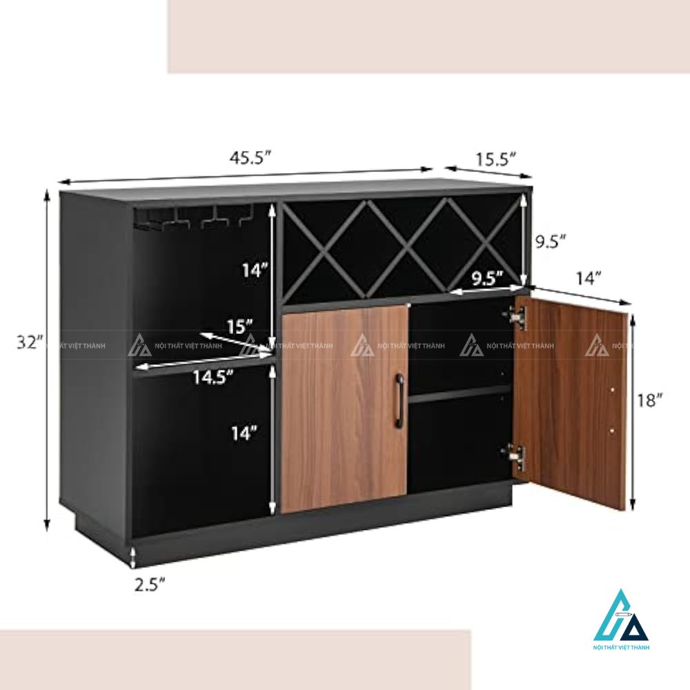 Tủ rượu thấp có giá treo ly và khay caro đan chéo tiện lợi 2