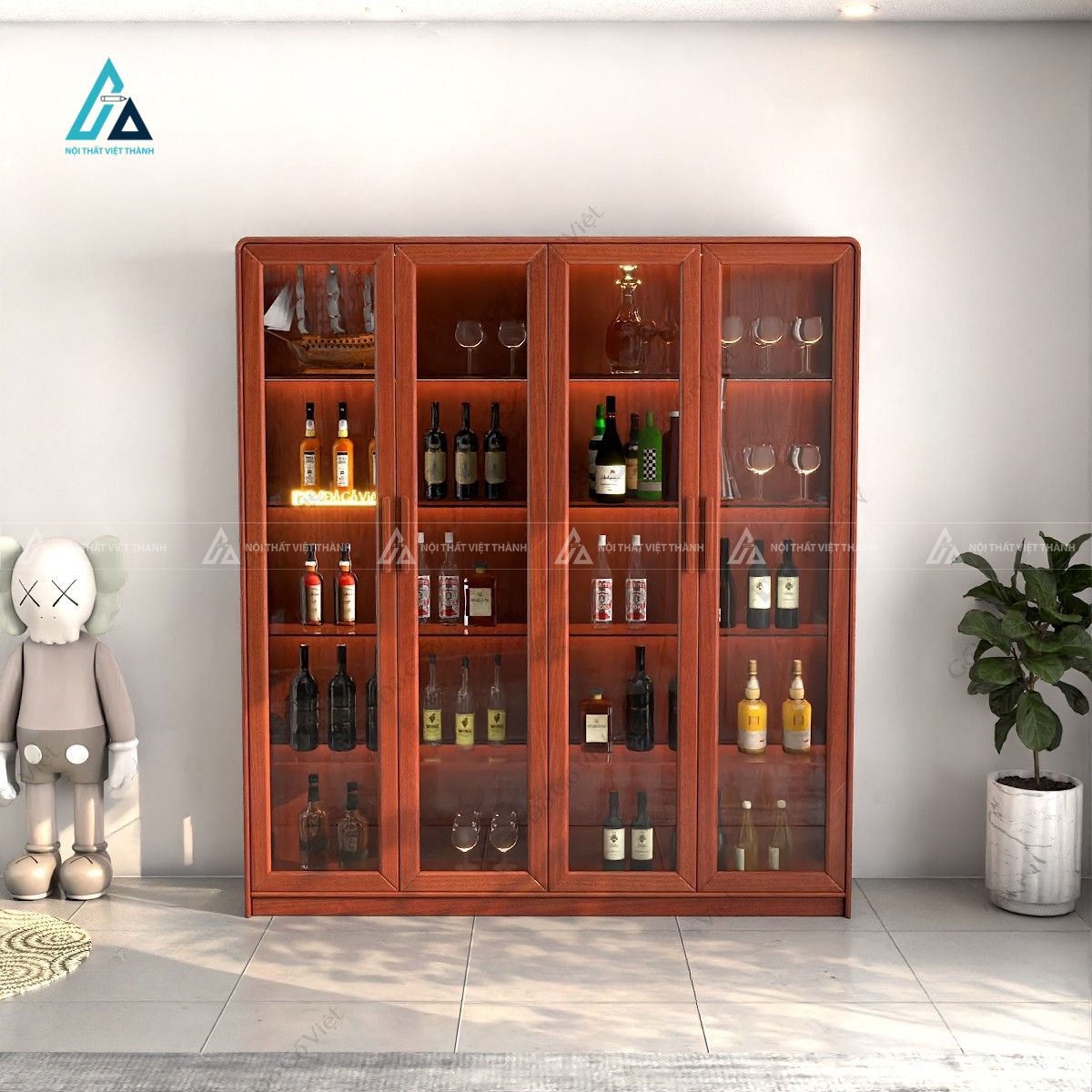 Tủ trưng bày bốn cánh kính suốt tích hợp đèn chiếu sáng nội khu