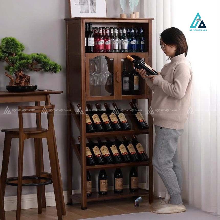 Tủ rượu gỗ phòng khách đa năng có khay treo ly và kệ để chai nằm 2