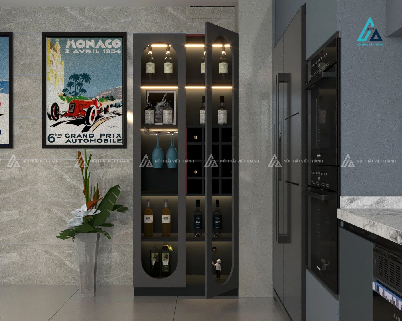 Tủ rượu thiết kế cửa bo góc hình vòm đối xứng tích hợp hệ đèn led 2
