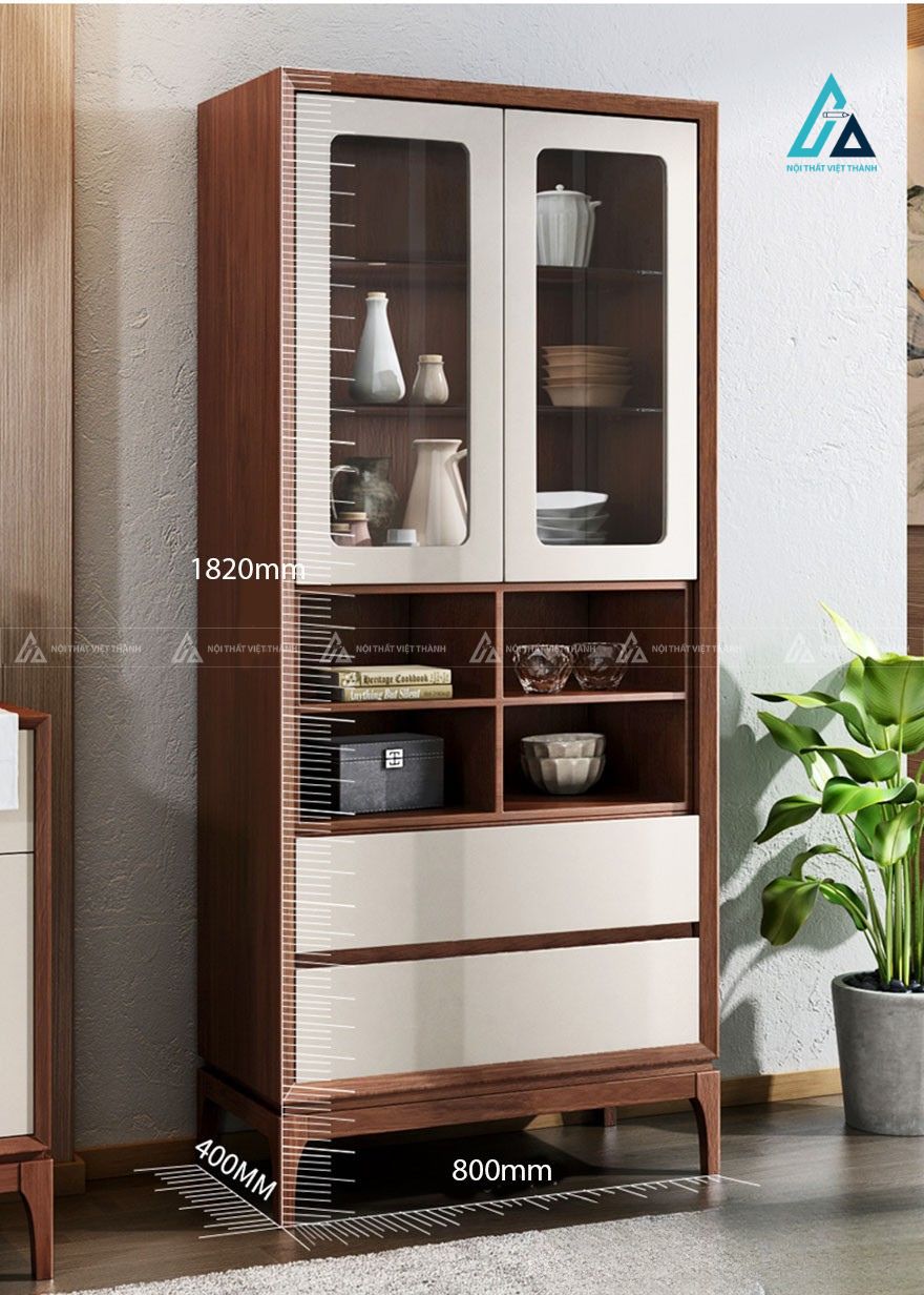 Tủ rượu dáng cao phối màu tương phản tích hợp cánh kính và ngăn kéo