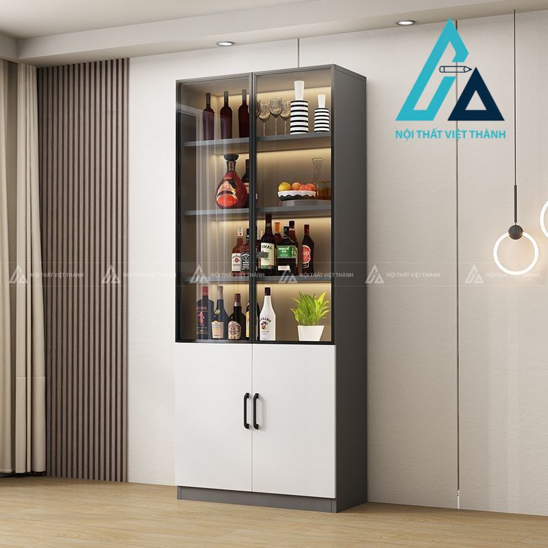 Mẫu tủ rượu đứng 2 ngăn xám trắng cửa kính
