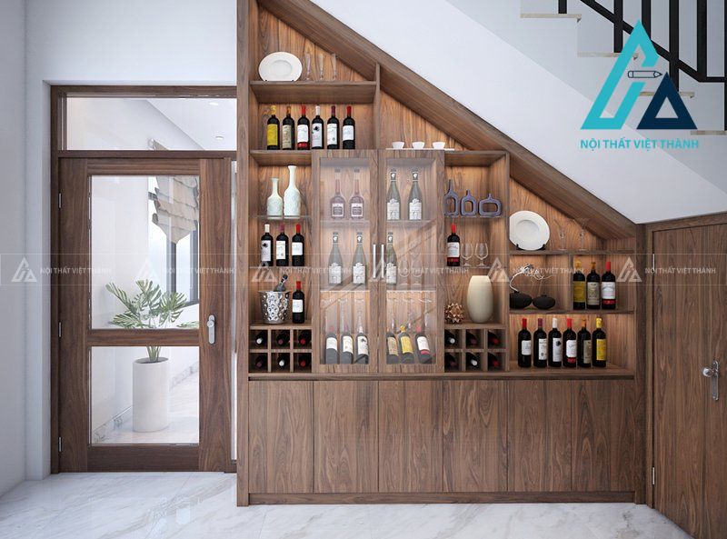 Mẫu tủ rượu vân gỗ xám cửa kính dưới chân cầu thang