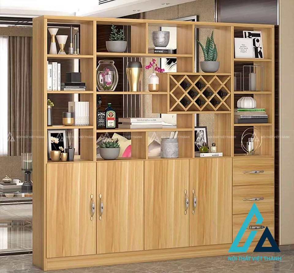 Mẫu tủ rượu vân gỗ vàng kết hợp làm vách ngăn