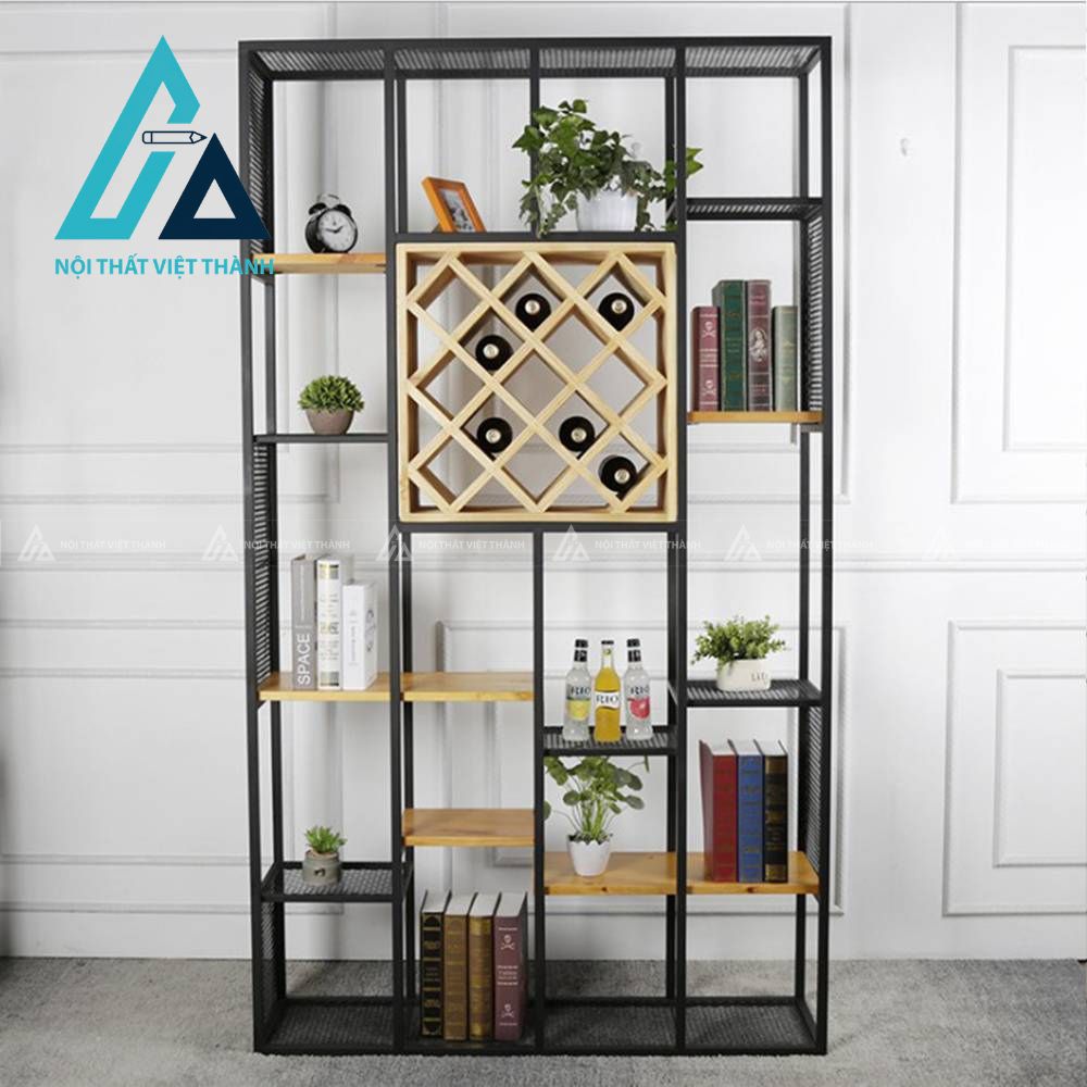 Mẫu tủ rượu khung sắt gỗ nhiều ô