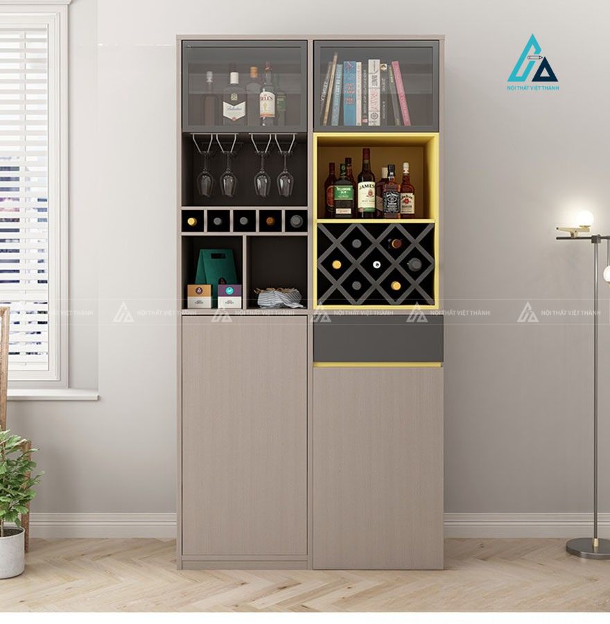 Tủ rượu thiết kế phân khu đối lưu tích hợp khay quả trám và kệ treo ly