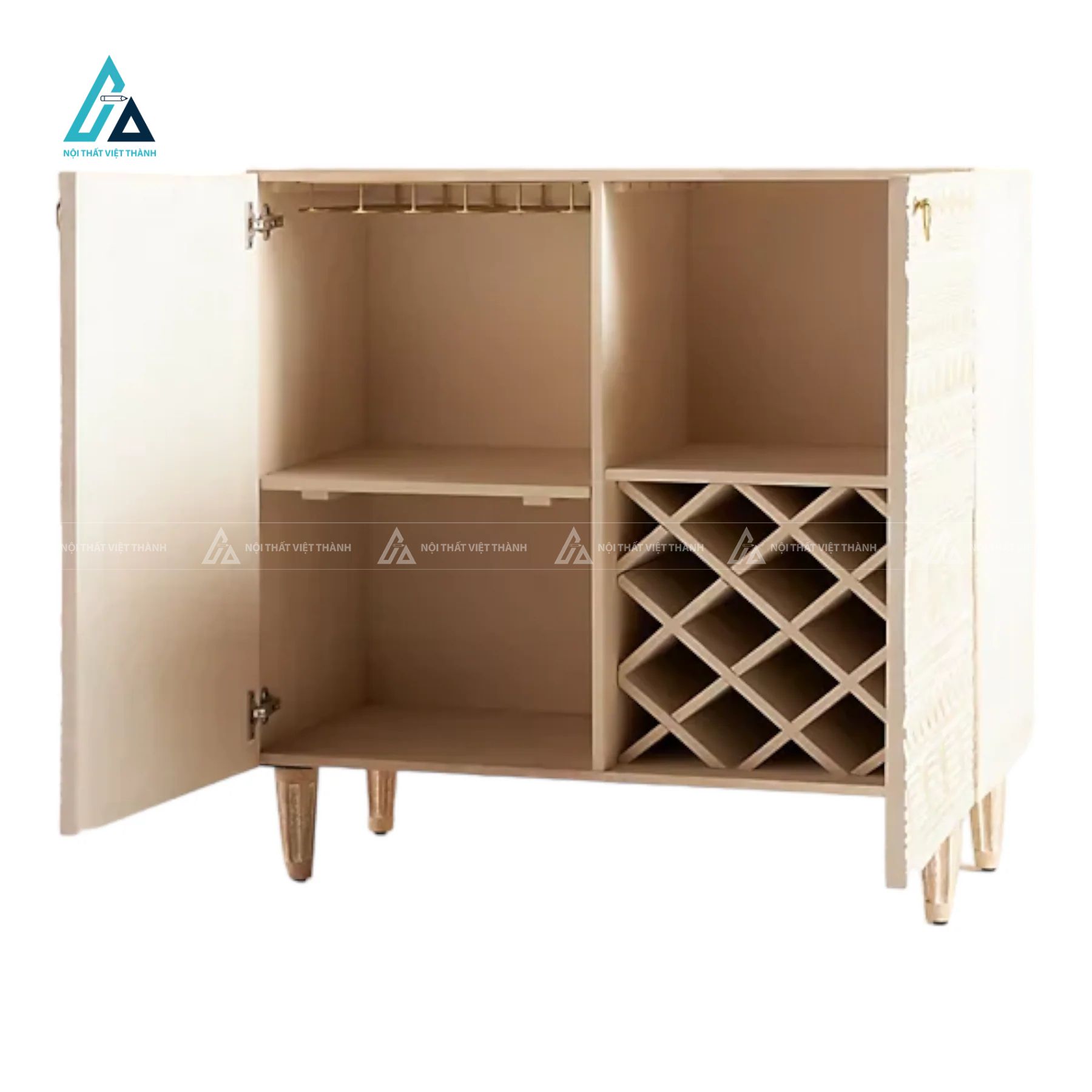 Tủ đựng rượu khắc họa tiết thổ cẩm tích hợp kệ xéo đan xen