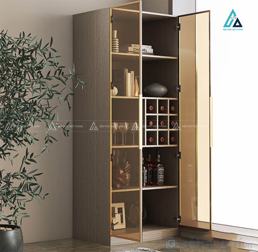 Tủ rượu cánh kính hệ hộc vuông xếp chai đối xứng đèn led 3