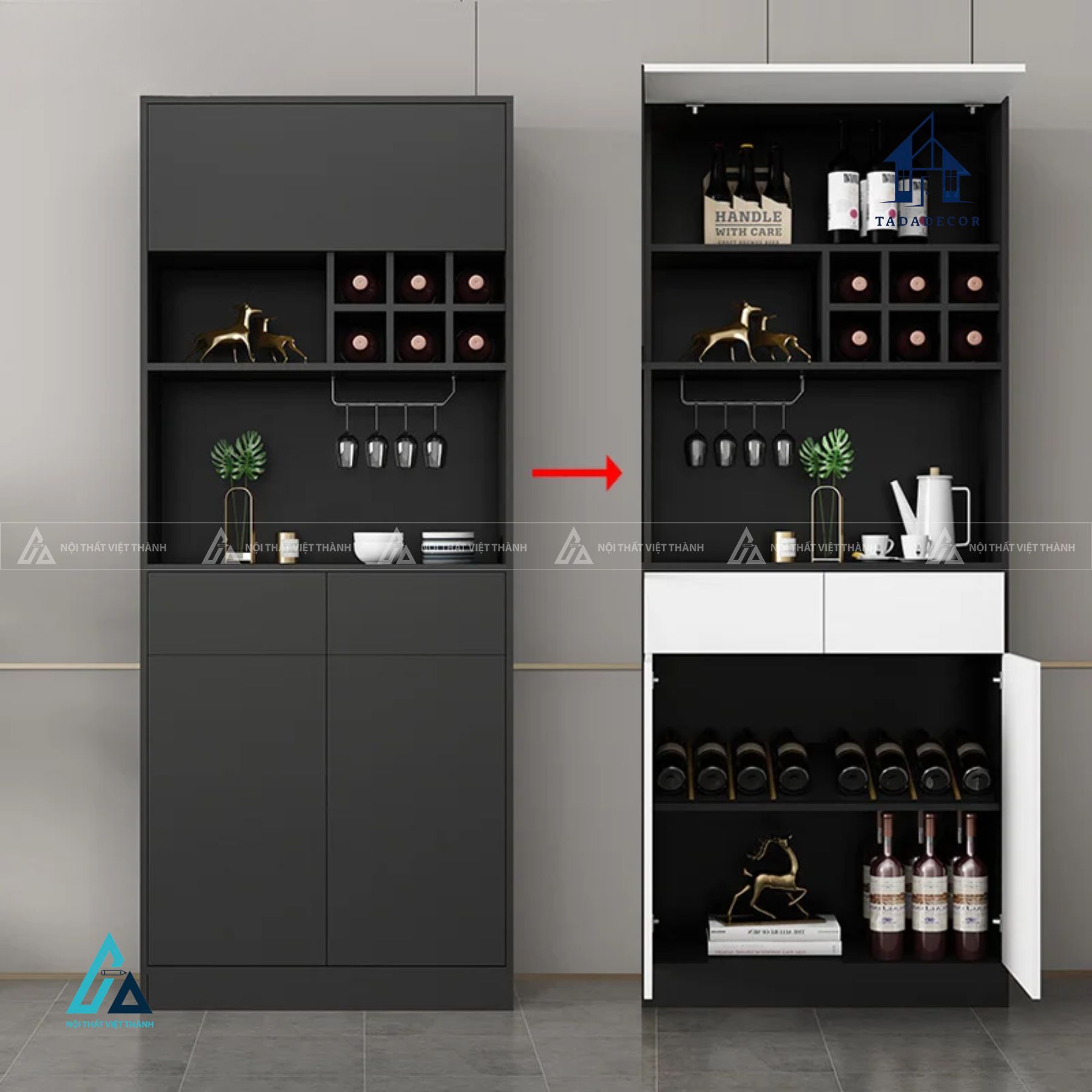Tủ rượu thiết kế châu âu dáng thấp tích hợp hệ lưới chứa chai đa tầng 3