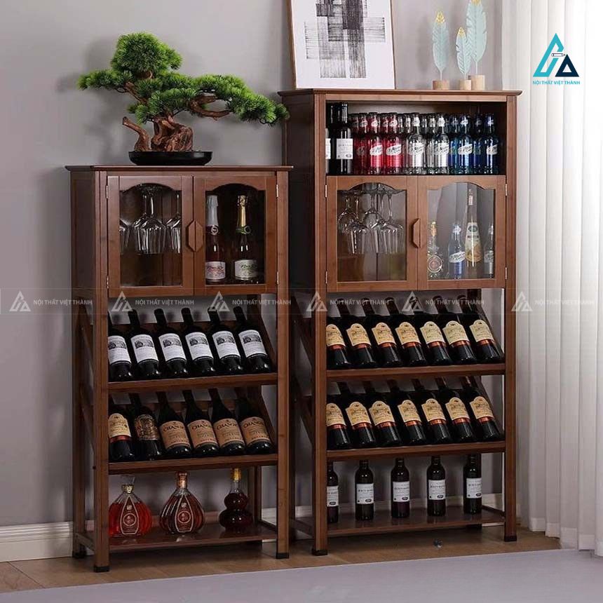 Tủ rượu gỗ phòng khách đa năng có khay treo ly và kệ để chai nằm