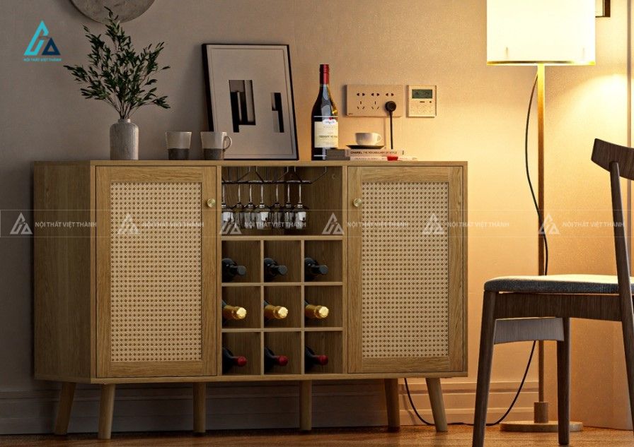 Tủ rượu thấp tích hợp kệ treo ly và cánh mây đan phong cách 2