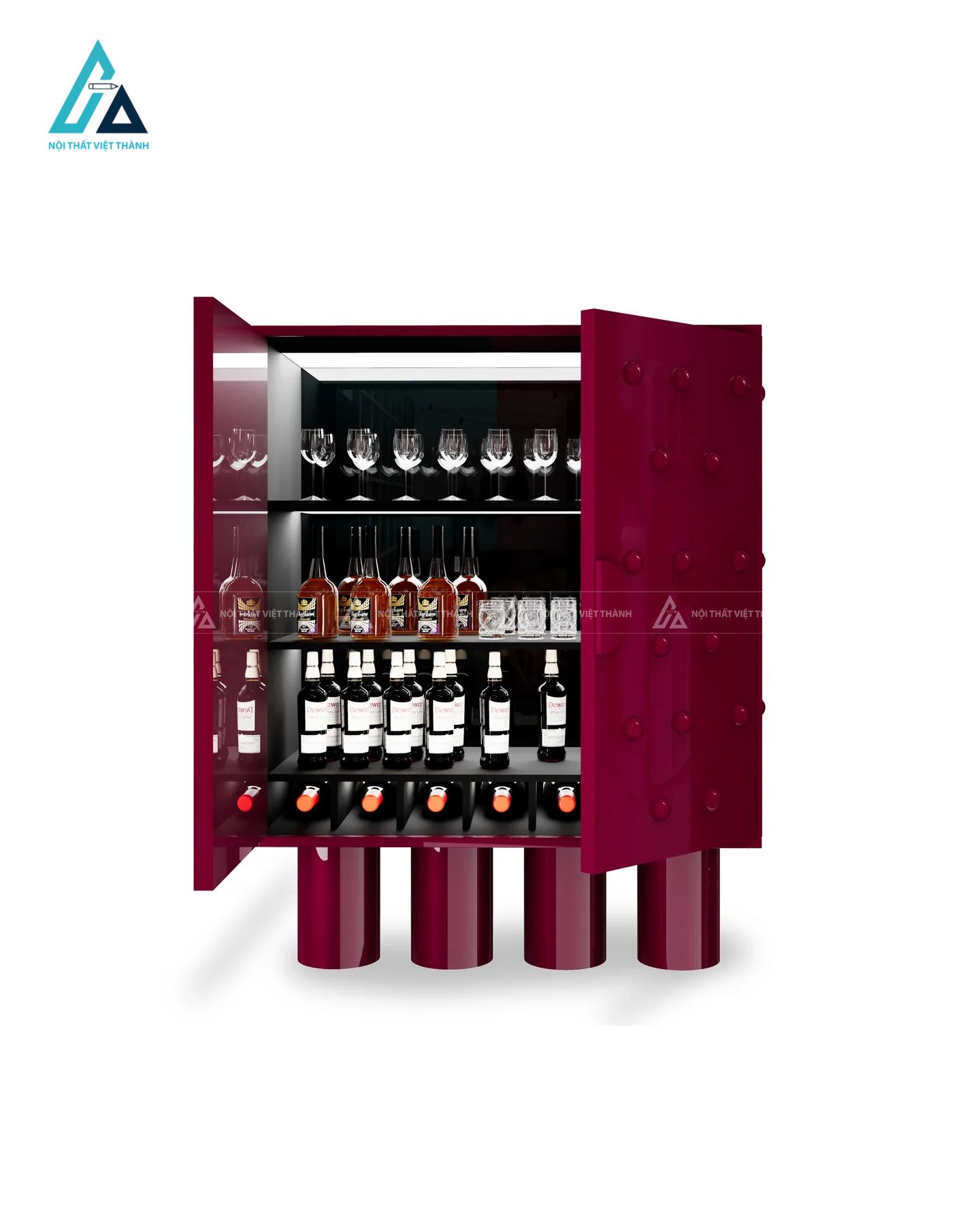 Tủ đựng rượu chân trụ tròn tích hợp cánh cửa đinh tán độc đáo