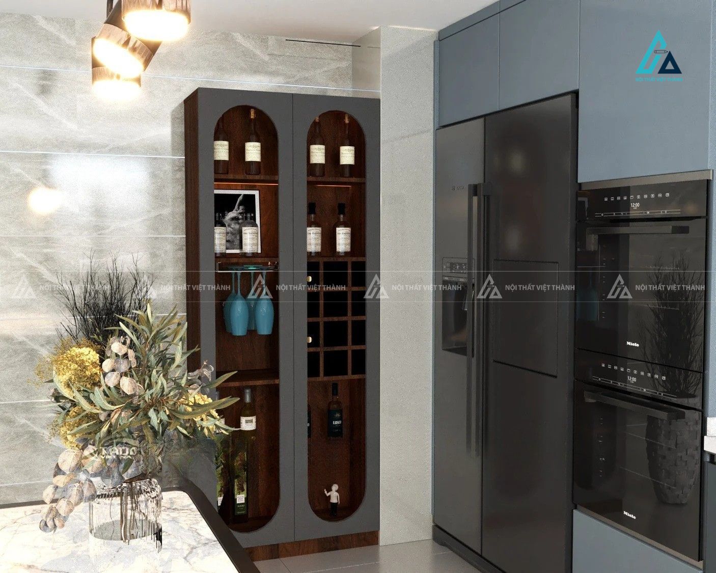 Tủ rượu thiết kế cửa bo góc hình vòm đối xứng tích hợp hệ đèn led 3