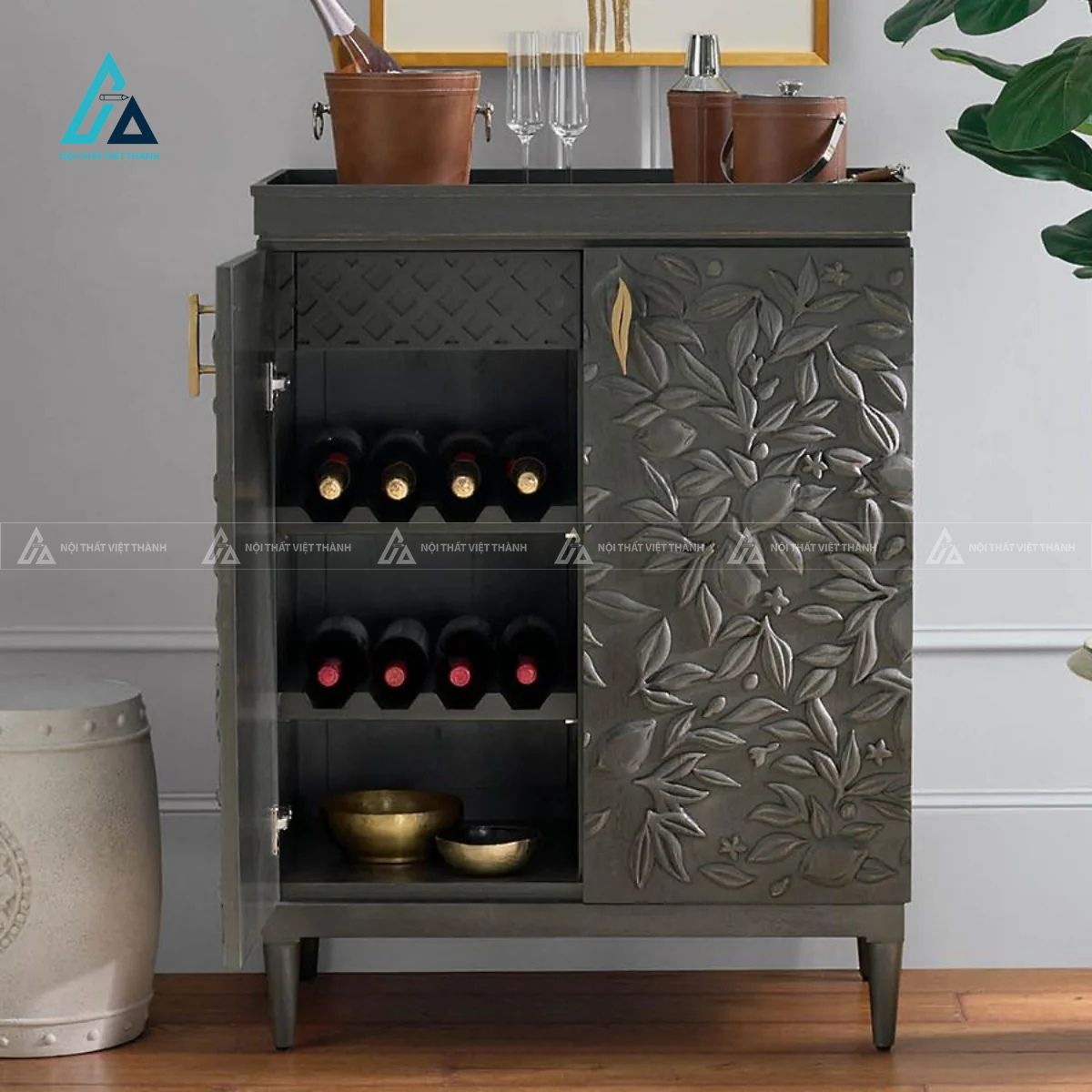 Tủ đựng rượu chạm khắc hoa văn nổi tích hợp khay sóng xếp chai 2