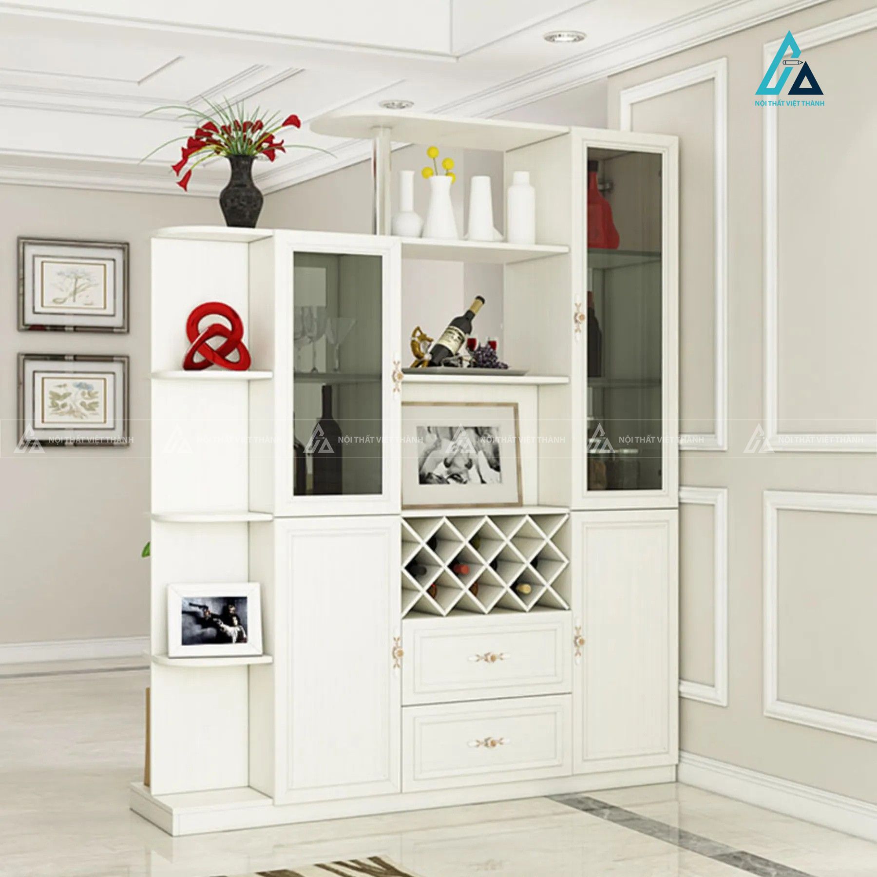 Tủ rượu đa năng tích hợp kệ trang trí tạo vách ngăn phòng khách đẹp 2