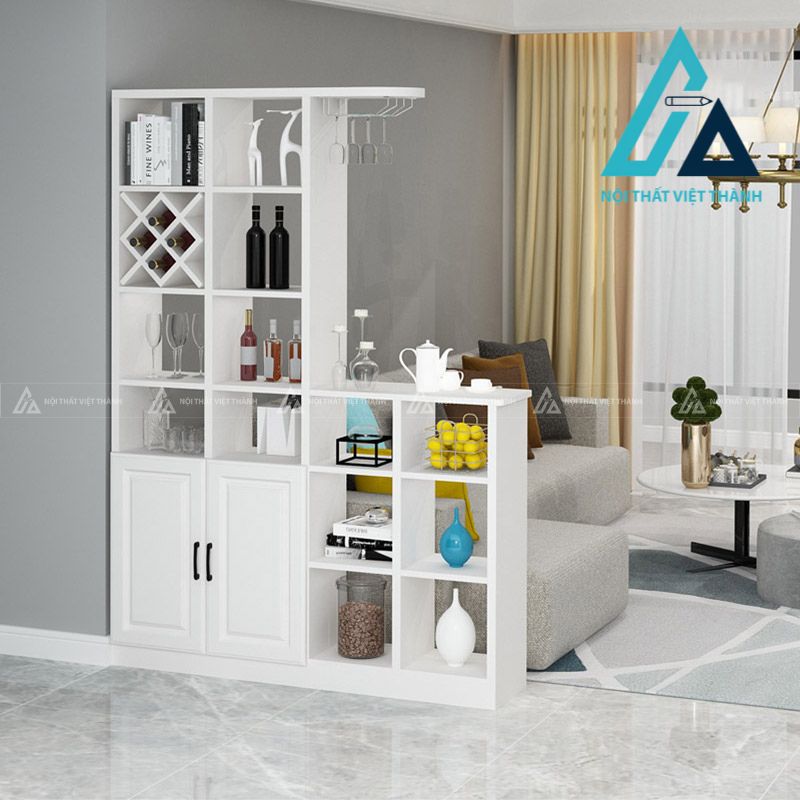 Mẫu tủ rượu trắng kết hợp làm vách trang trí