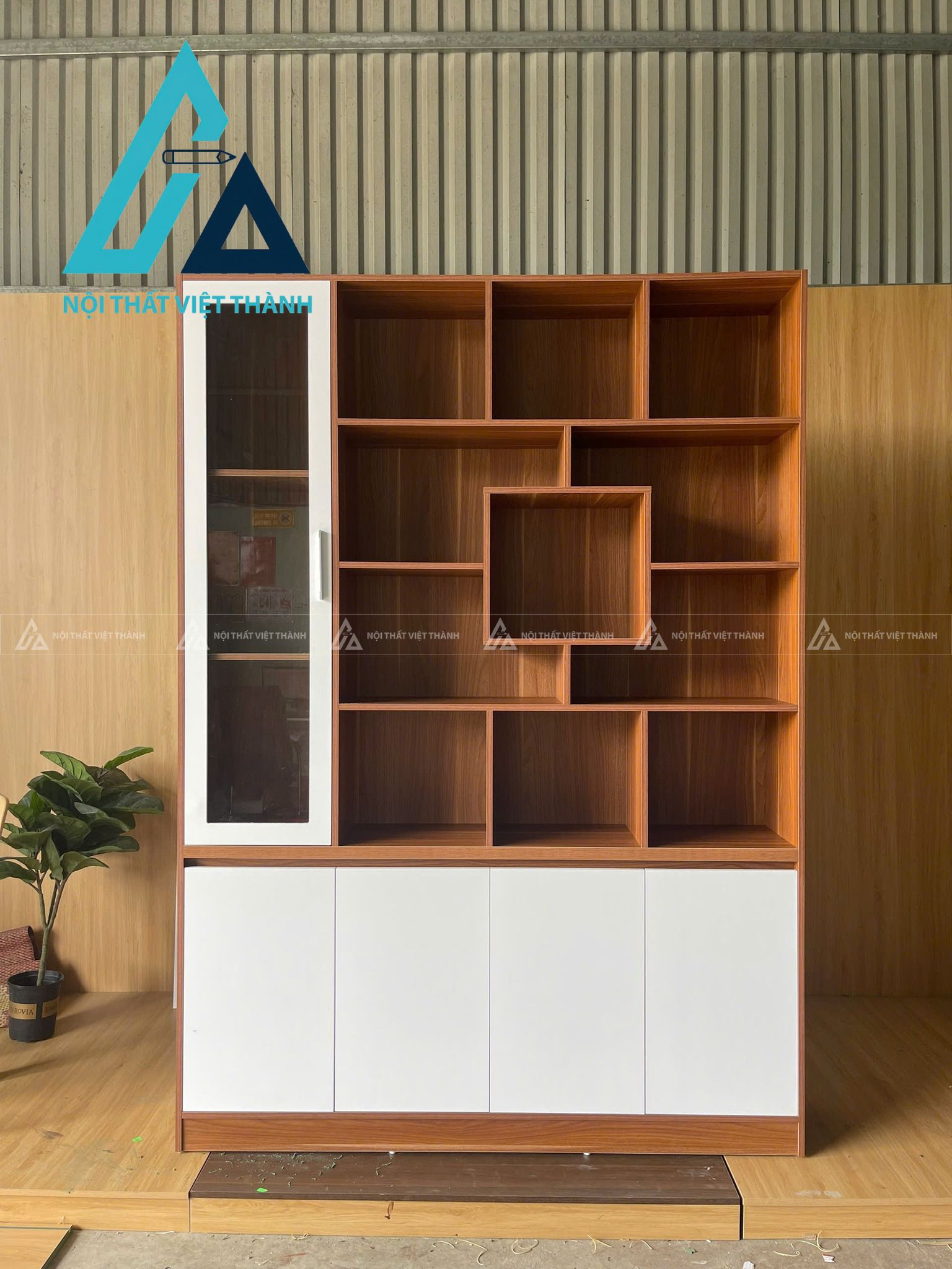 Mẫu tủ rượu gỗ công nghiệp nâu trắng nhiều ô