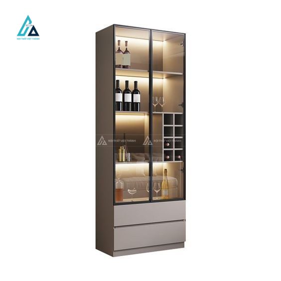 Tủ rượu thiết kế đứng tích hợp cánh kính trưng bày phân tầng 3