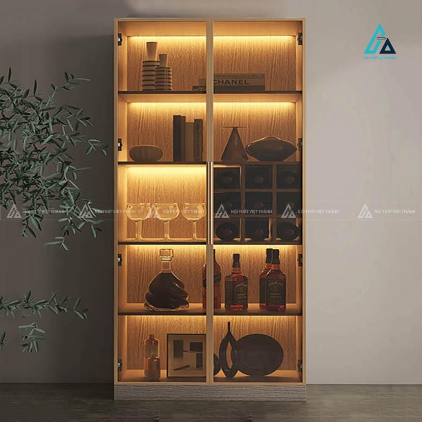 Tủ rượu cánh kính hệ hộc vuông xếp chai đối xứng đèn led