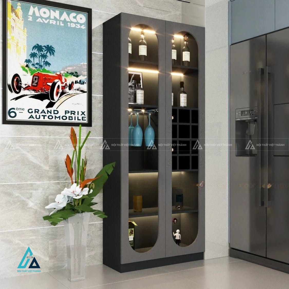 Tủ rượu thiết kế cửa bo góc hình vòm đối xứng tích hợp hệ đèn led