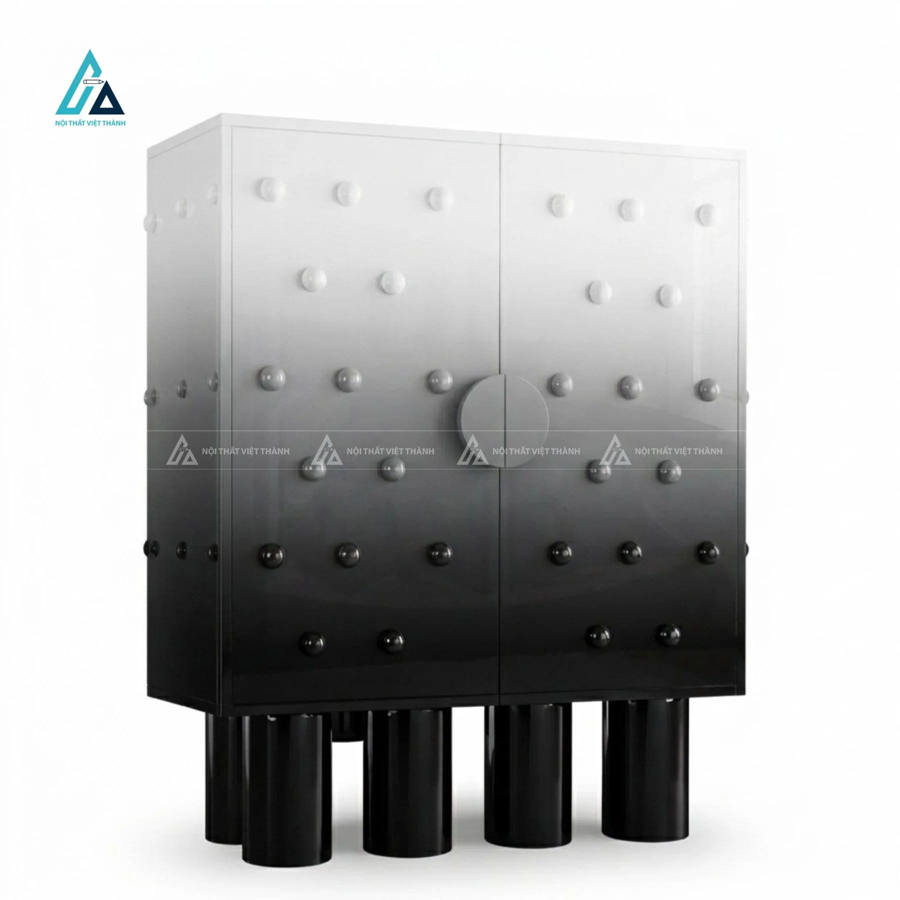 Tủ đựng rượu chân trụ tròn tích hợp cánh cửa đinh tán độc đáo 3