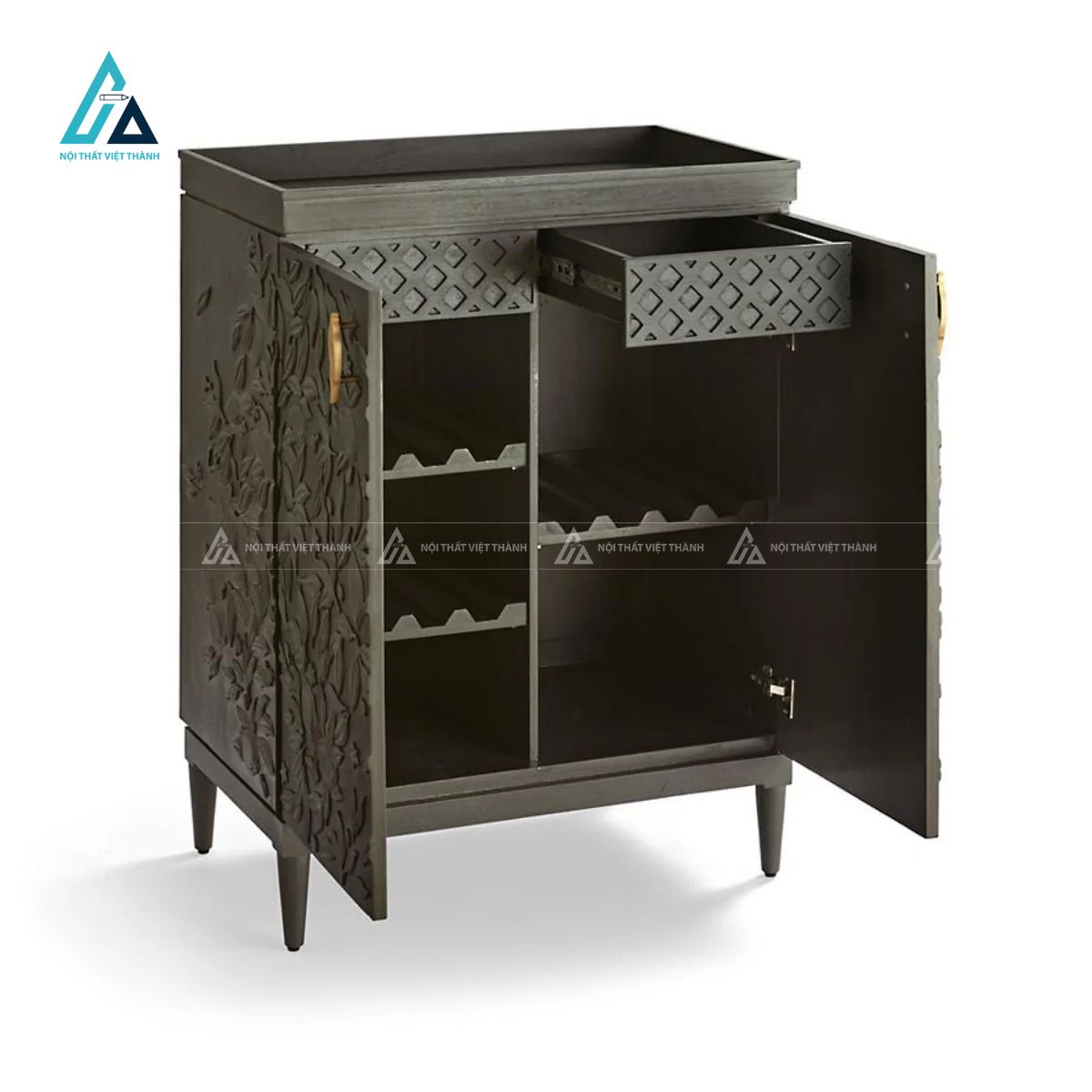 Tủ đựng rượu chạm khắc hoa văn nổi tích hợp khay sóng xếp chai 3