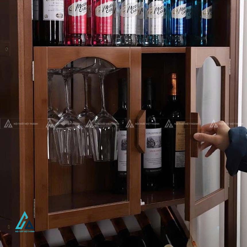 Tủ rượu gỗ phòng khách đa năng có khay treo ly và kệ để chai nằm 3