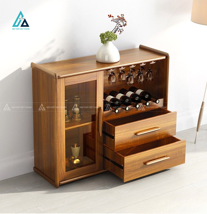 Tủ rượu dáng thấp tích hợp cánh kính trưng bày và giá treo ly đa năng 3