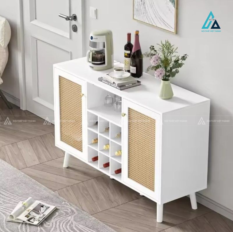 Tủ rượu thấp tích hợp kệ treo ly và cánh mây đan phong cách 3