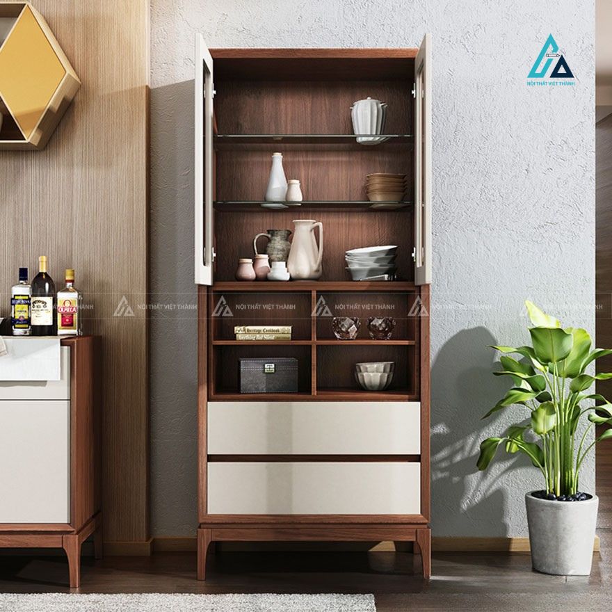 Tủ rượu dáng cao phối màu tương phản tích hợp cánh kính và ngăn kéo 4