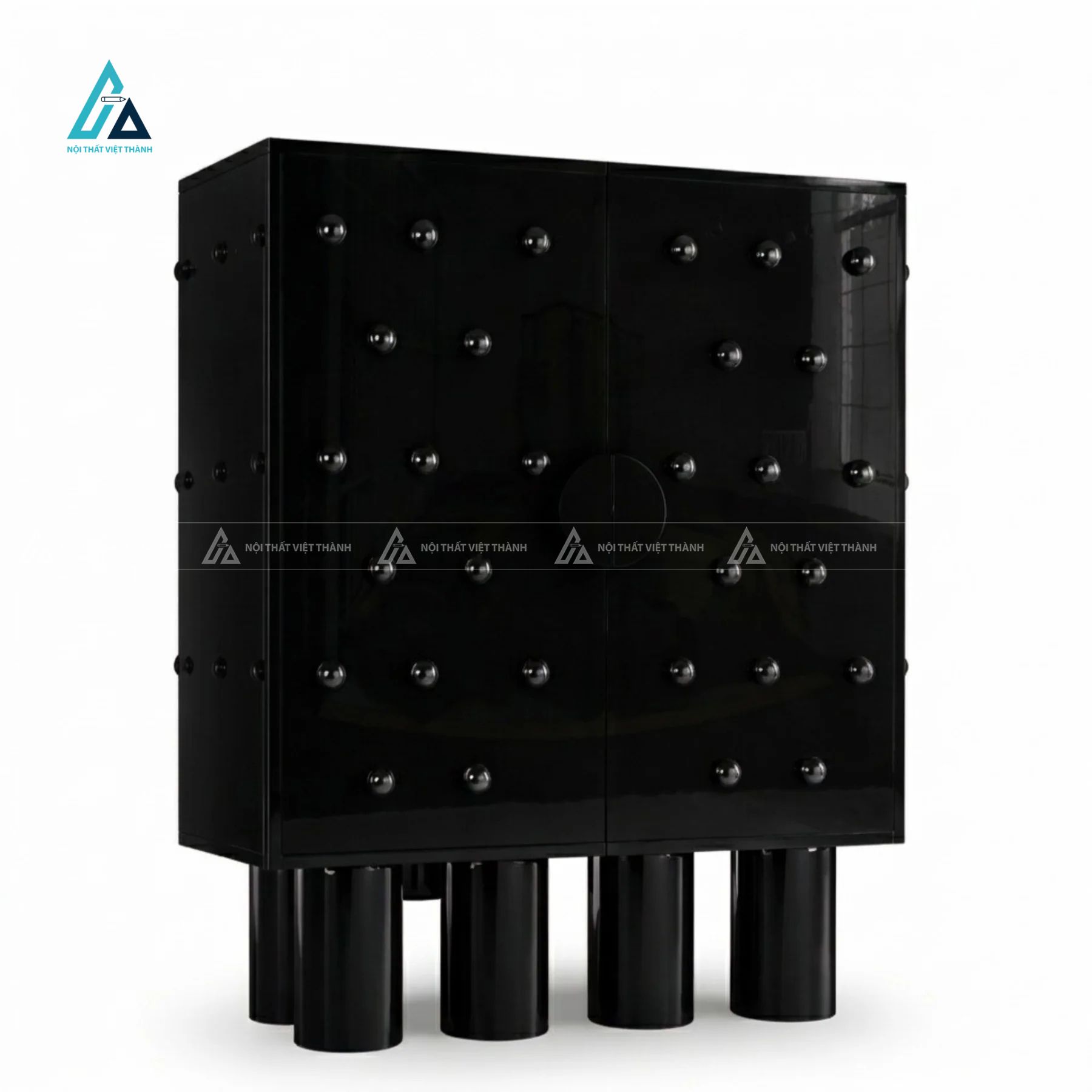 Tủ đựng rượu chân trụ tròn tích hợp cánh cửa đinh tán độc đáo 4