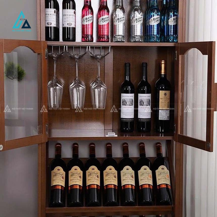 Tủ rượu gỗ phòng khách đa năng có khay treo ly và kệ để chai nằm 4