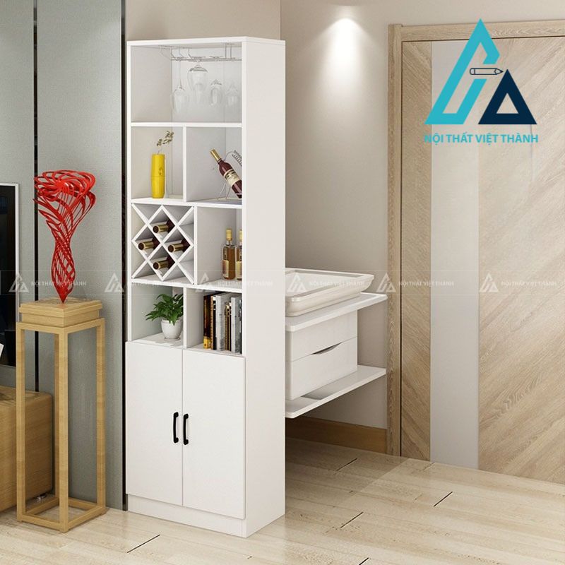 Mẫu tủ rượu trắng kết hợp làm kệ sách và lưu trữ đồ