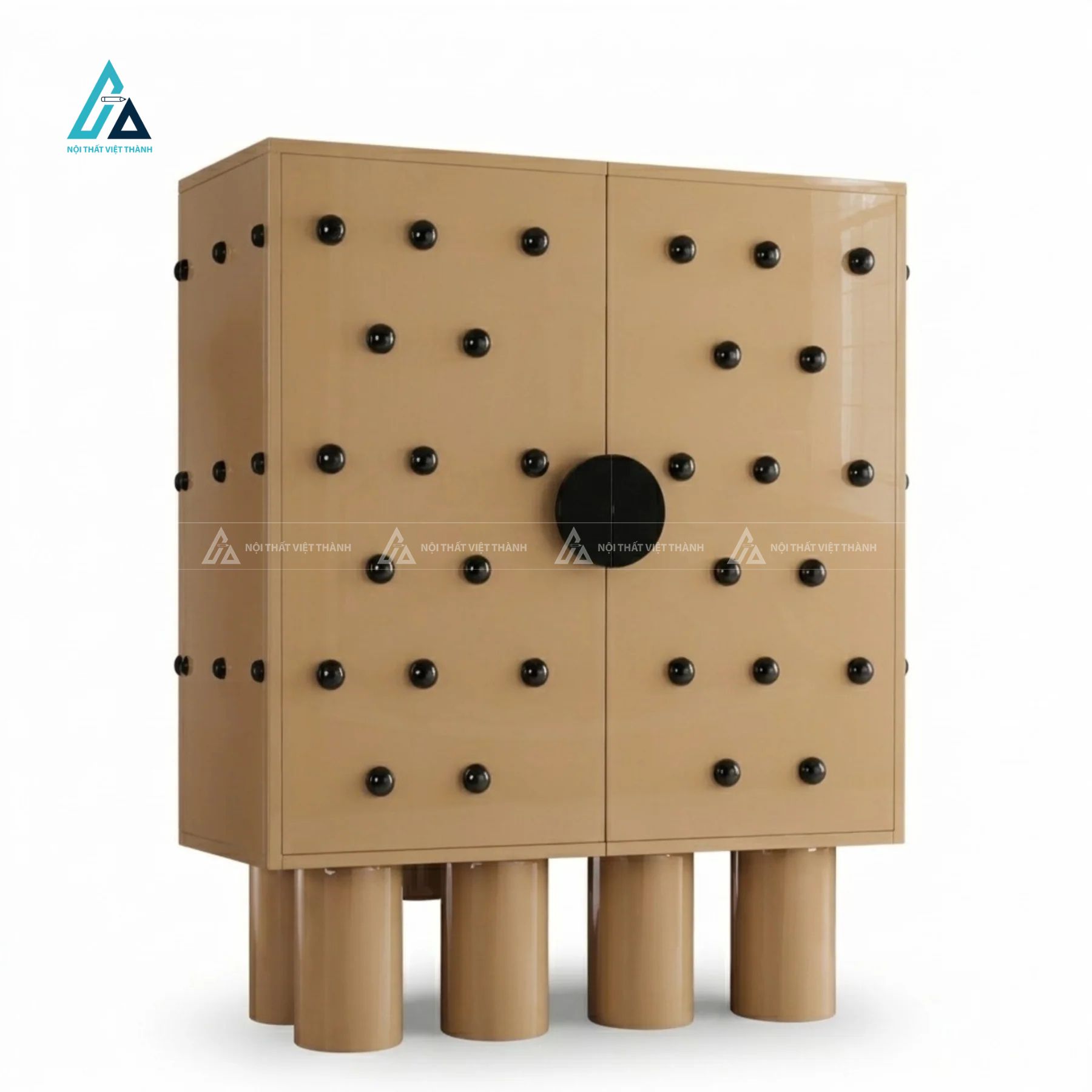 Tủ đựng rượu chân trụ tròn tích hợp cánh cửa đinh tán độc đáo 6