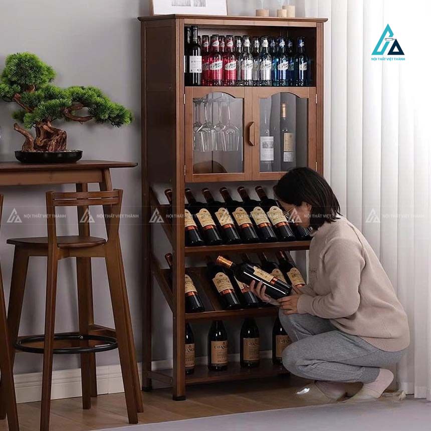Tủ rượu gỗ phòng khách đa năng có khay treo ly và kệ để chai nằm 6