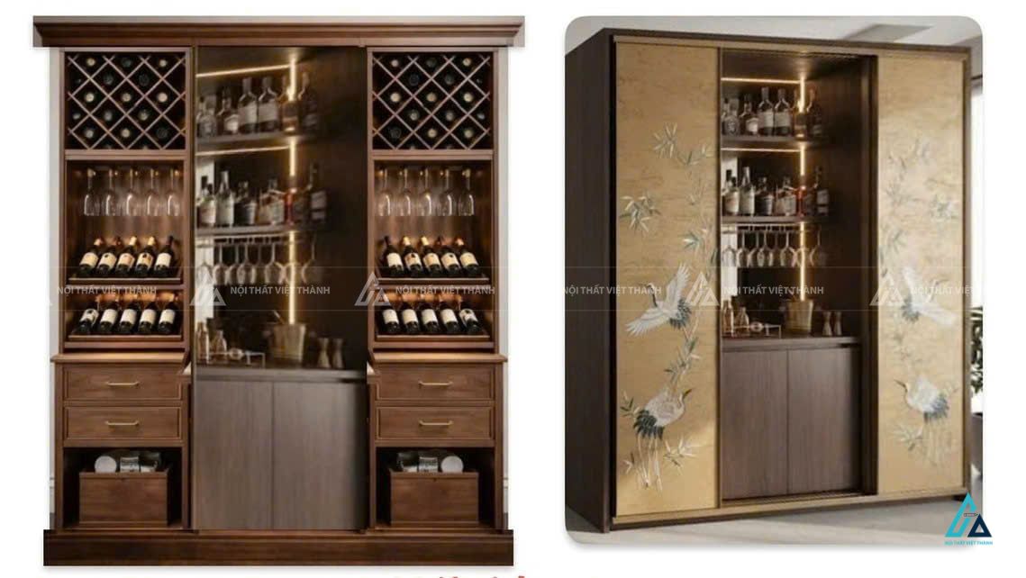 Tủ rượu thiết kế cánh lùa tích hợp kệ đèn led trưng bày 6