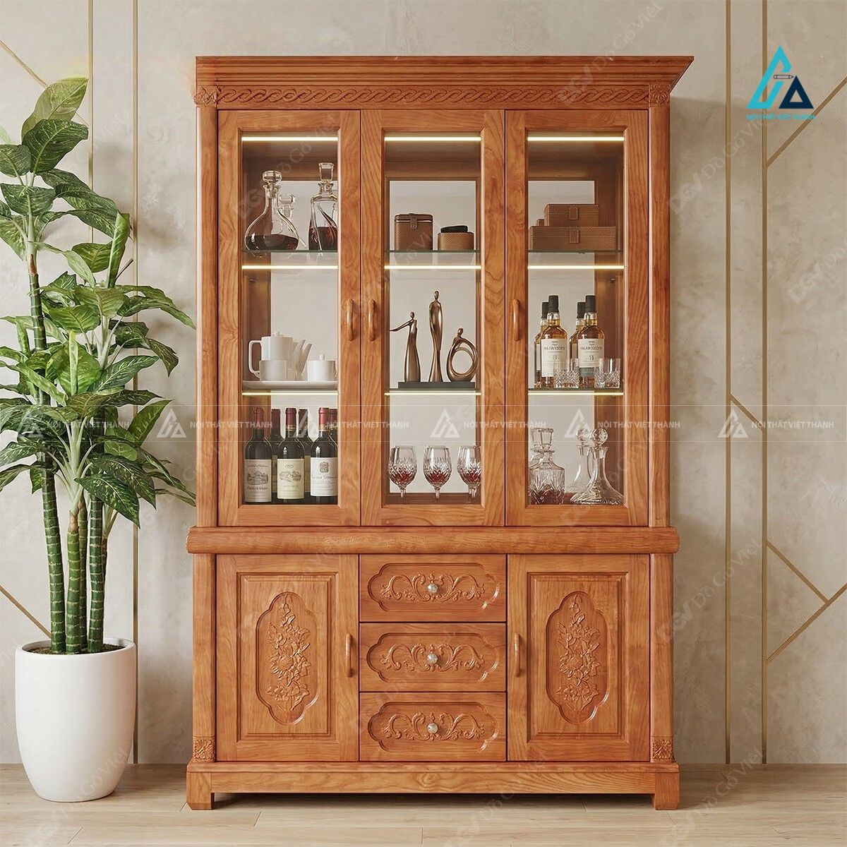 Tủ trưng bày ly và rượu cánh kính trong suốt sang trọng