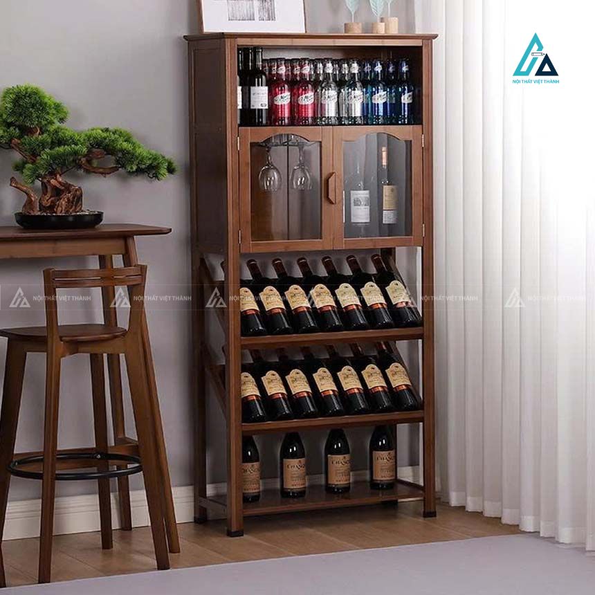 Tủ rượu gỗ phòng khách đa năng có khay treo ly và kệ để chai nằm 7
