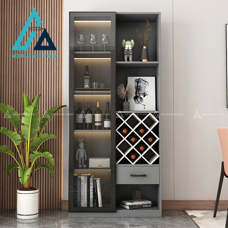 Mẫu tủ rượu màu xám đen có cửa cánh kính