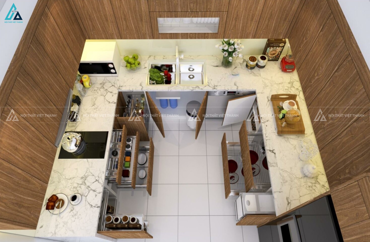 Mẫu tủ bếp chữ U gỗ công nghiệp kết hợp mặt đá sang trọng 1