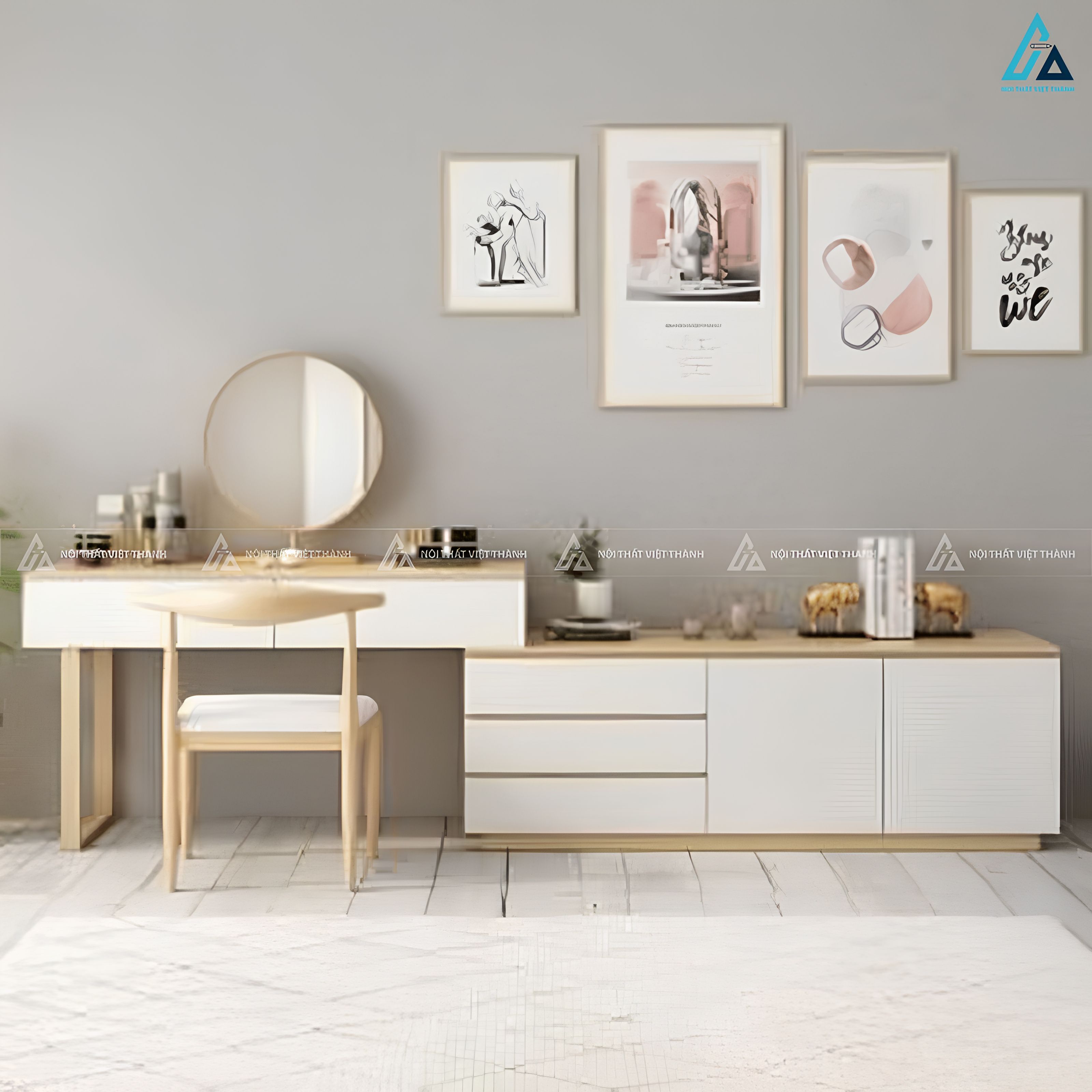 Bàn trang điểm thông minh thiết kế kéo dài linh hoạt phối màu gỗ trắng 1