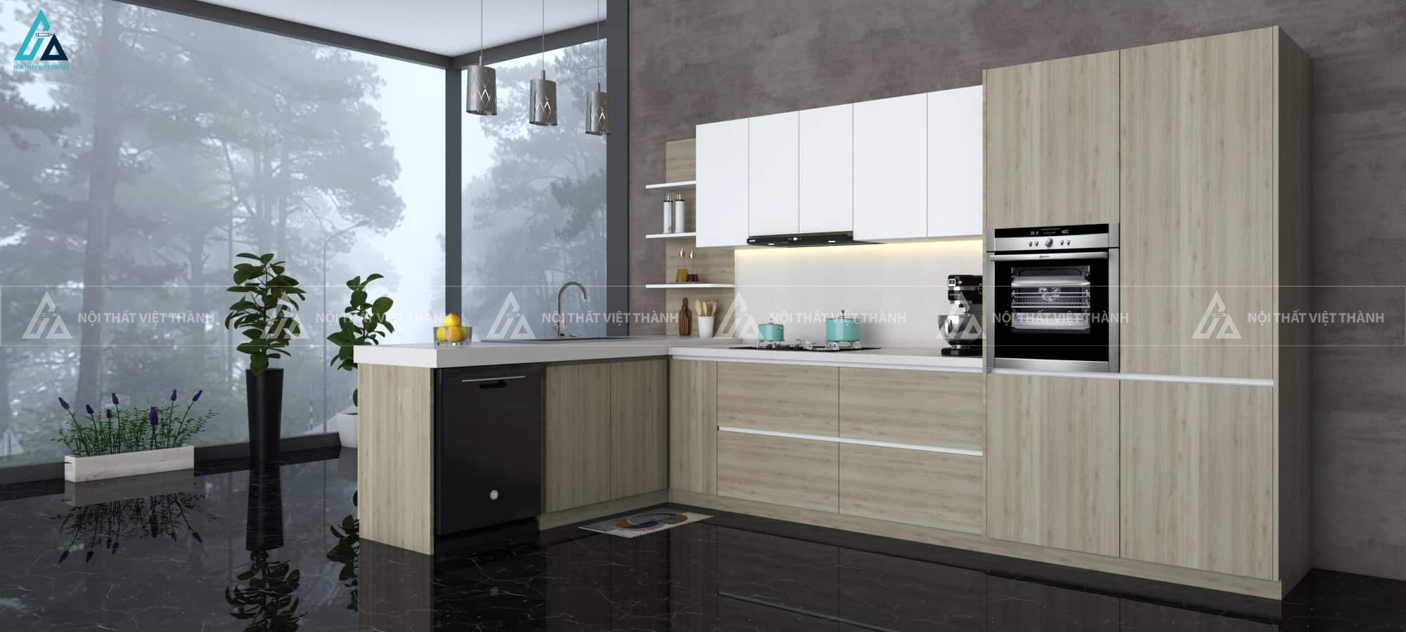 Tủ bếp gỗ công nghiệp chữ L kết hợp kệ mở thông minh tiện nghi