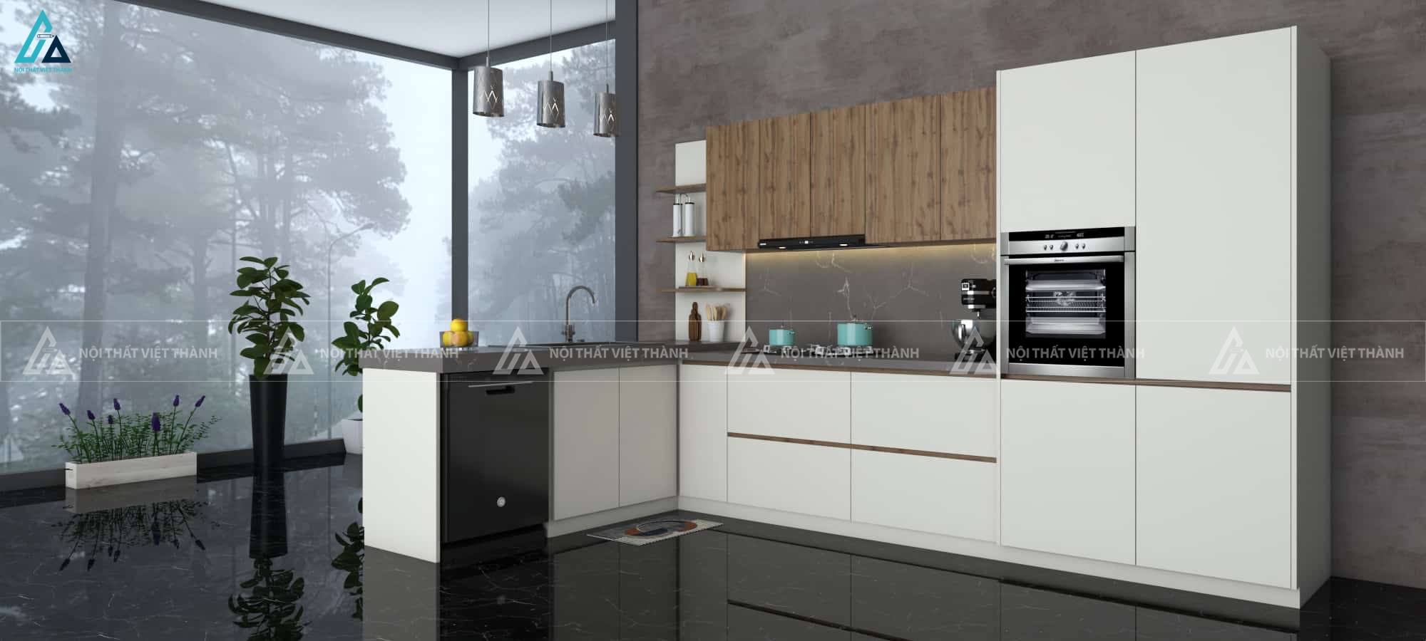 Tủ bếp gỗ công nghiệp chữ L kết hợp kệ mở thông minh tiện nghi 4