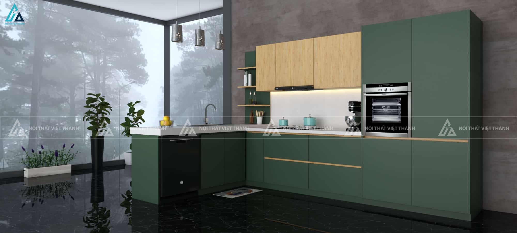 Tủ bếp gỗ công nghiệp chữ L kết hợp kệ mở thông minh tiện nghi 5