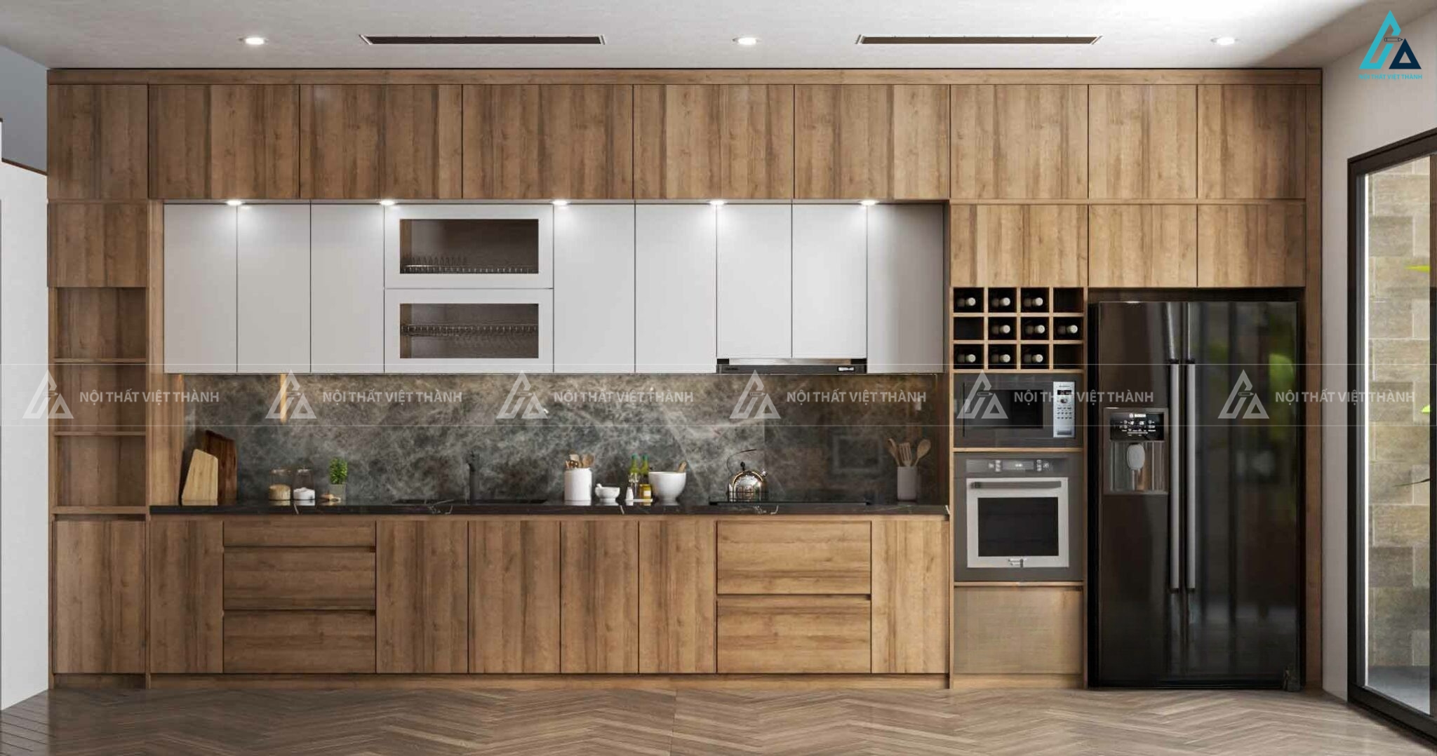 Bộ tủ bếp gỗ công nghiệp tích hợp hệ kệ rượu và thiết bị thông minh